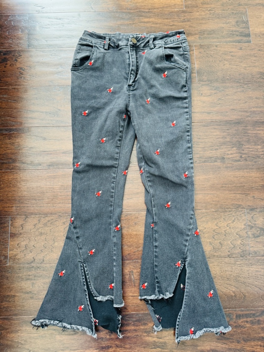 Black Embroidered Flare Jeans with Red Floral Detail